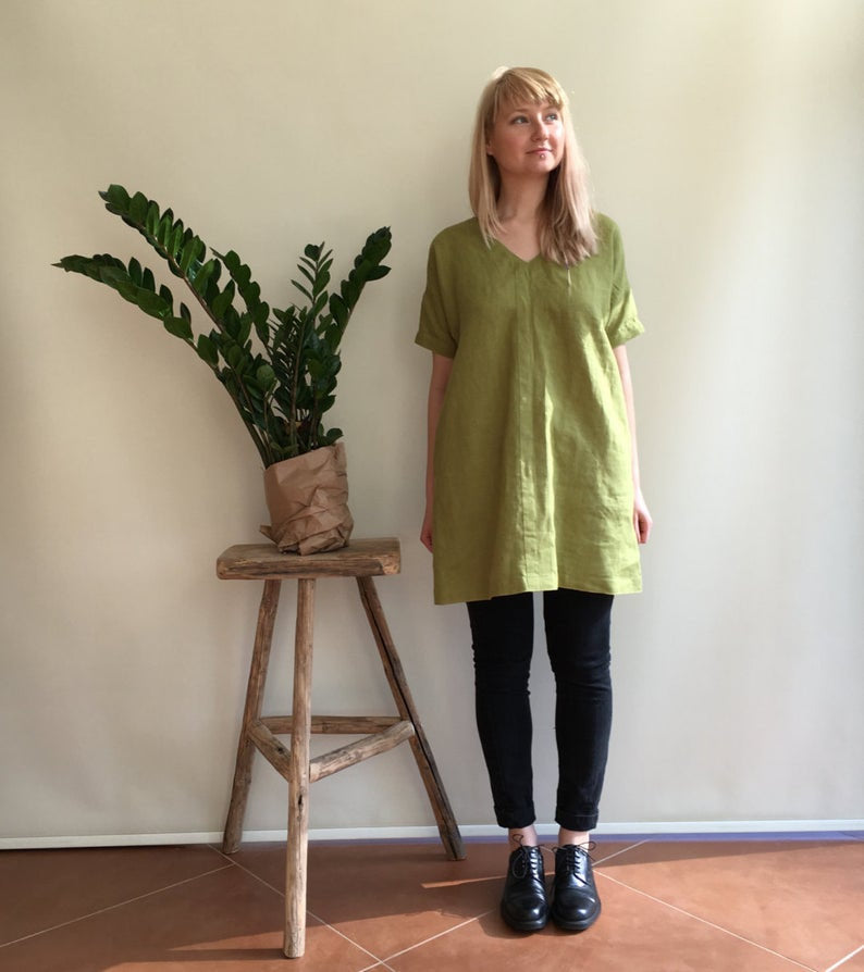 Ready to Ship:Linen Tunic Dress, Size XXL, Green Tunic, womens tunic, plus size tunic, linen tunics for women, linen dress with sleeves