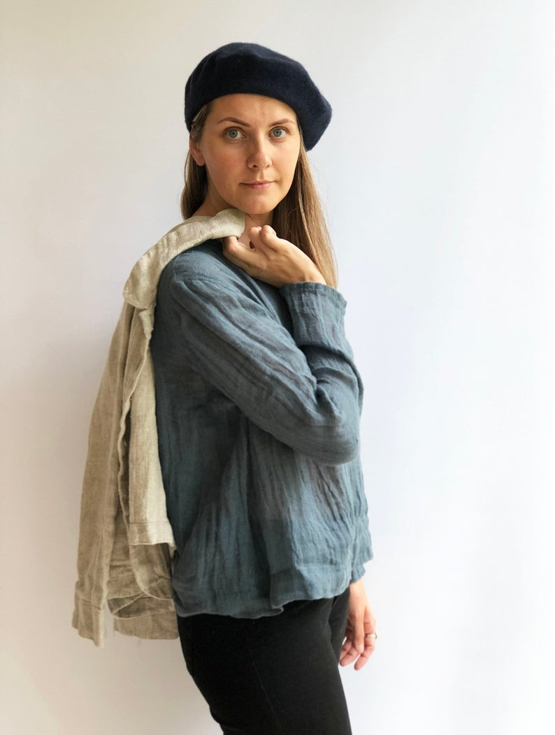 Ready to Ship:Linen Gauzy Shirt &amp;#39;Sophia&amp;#39; with Long Sleeves, Size M, Linen Blouse, Linen Gauze Shirt, Plus size shirt, Gauzy top Rustic