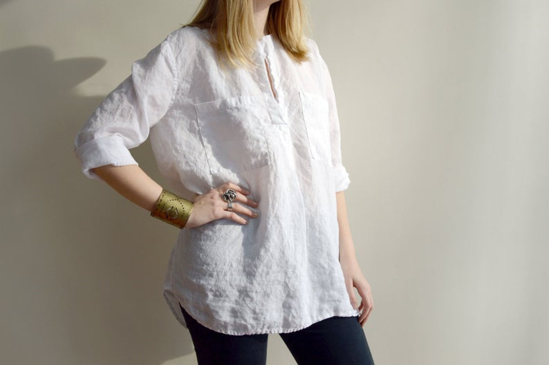 Ready to Ship: White Linen Shirt, Size XL/XXL, Womens Shirt, Tunic Shirt, 3/4 sleeve shirt, boyfriend shirt, plus size shirt, summer shirt