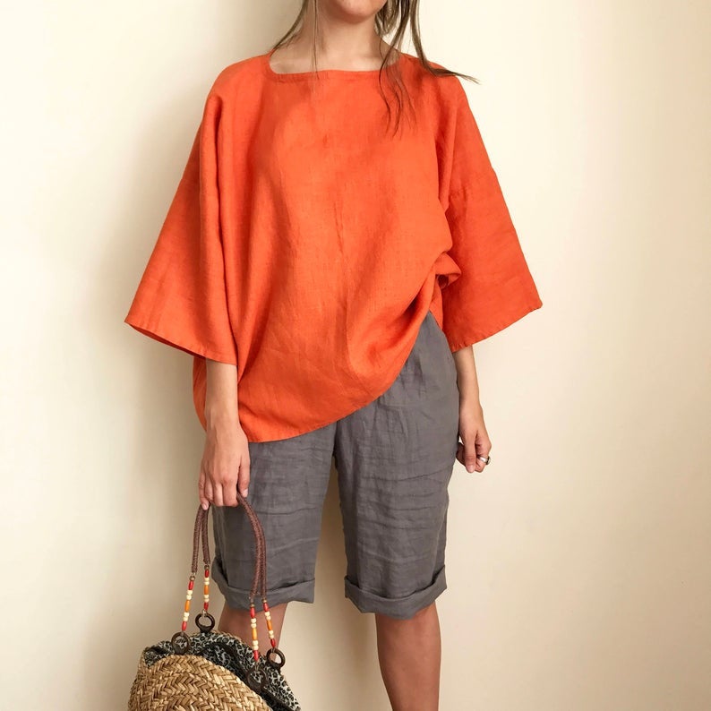 Ready to Ship:Oversized linen top, Size L-XXL, boxy top, Plus size linen shirt, Plus size top, Boho Top, Boxy Shirt, Oversized Black Top