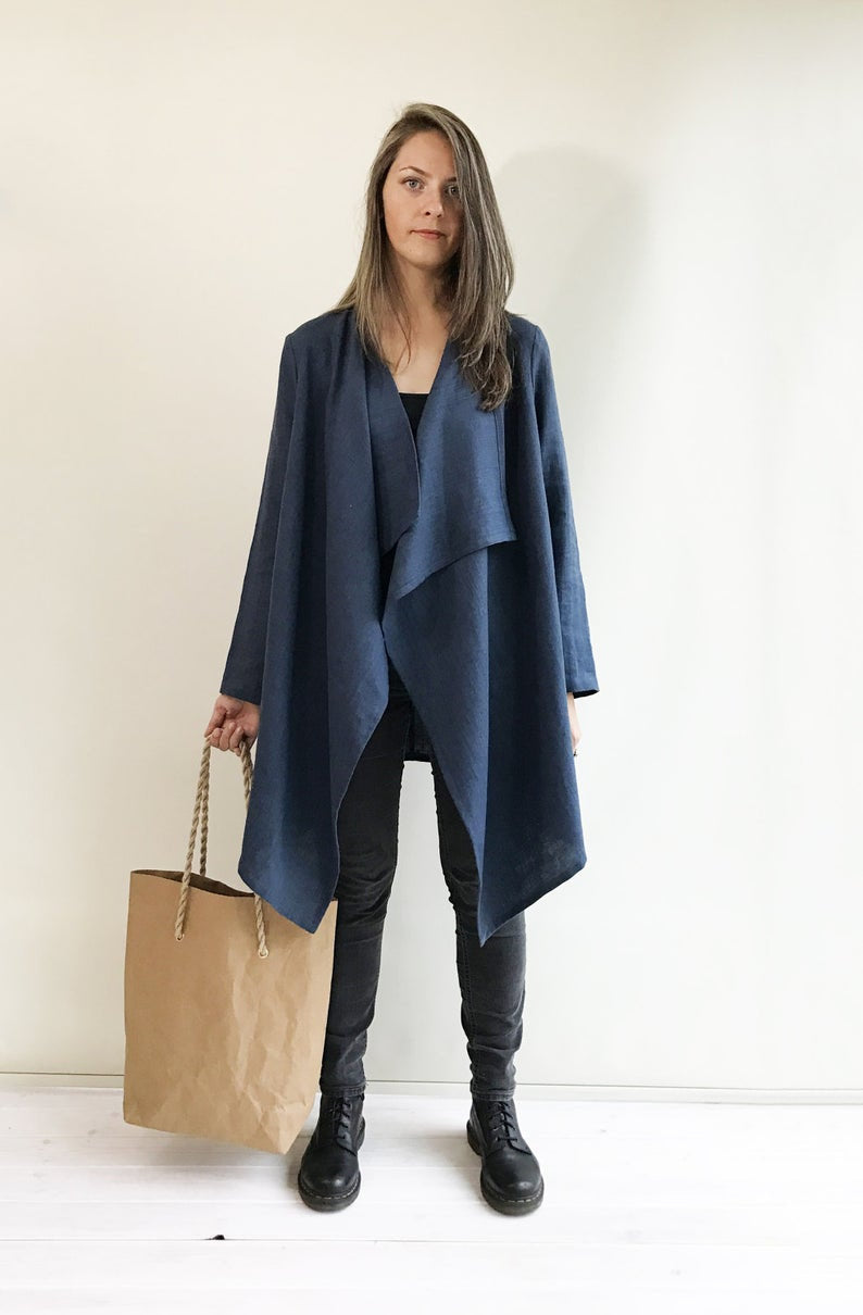 Ready to Ship:Loose Linen Cardigan, Size XL-XXL, Linen Kimono Jacket, Dark Blue cardigan, Linen Coverup, Linen Jacket Womens, Loose Jacket