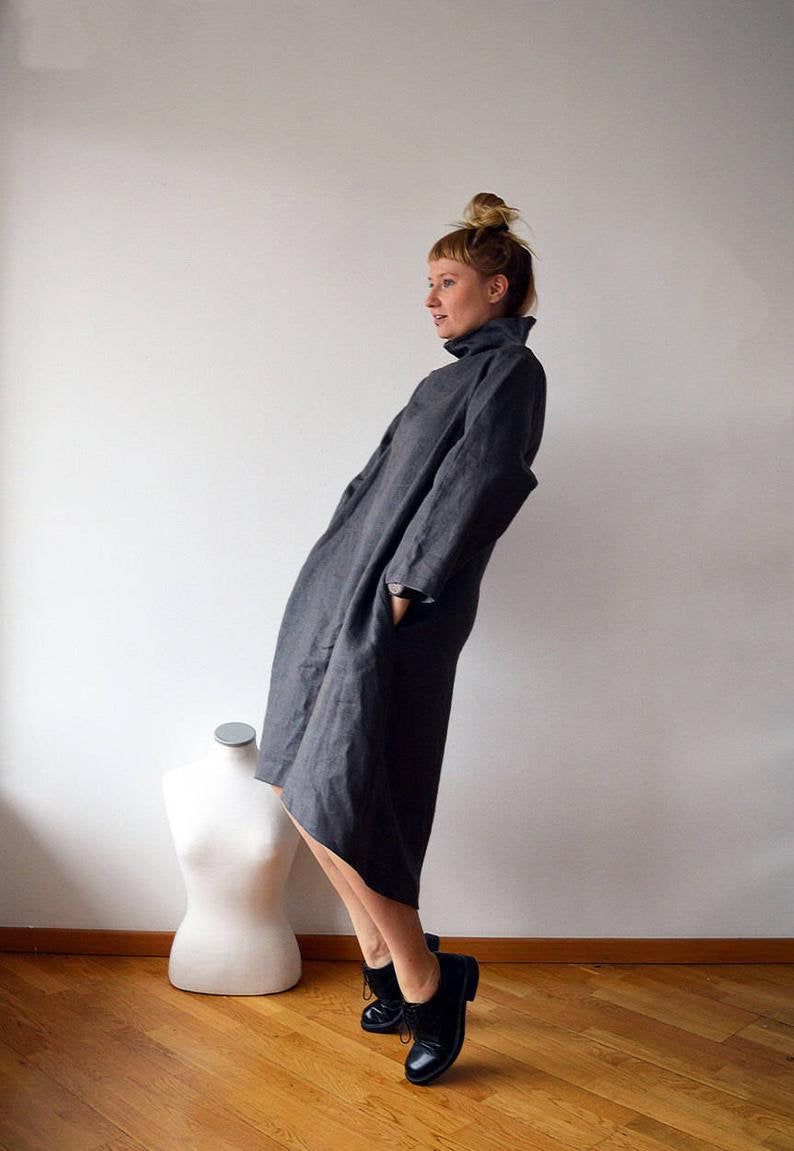 Ready to Ship: Grey Linen Dress, Size L, Loose Linen Dress women, Dark grey linen dress, Long sleeves, Grey Dress, Tunic with raised neck