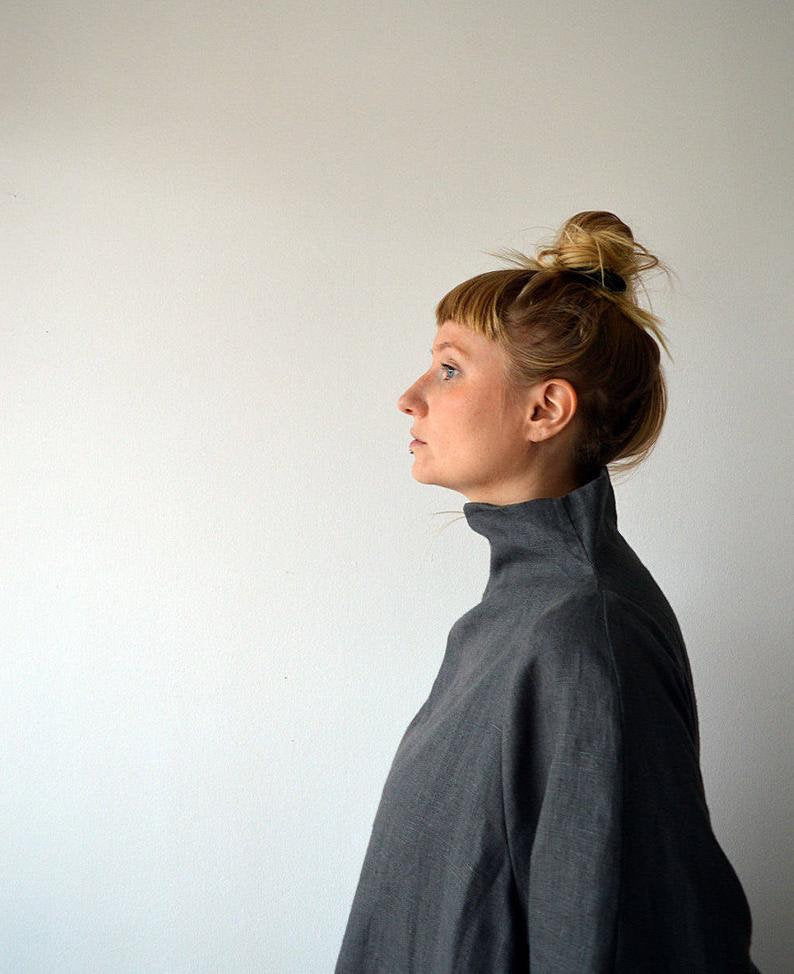 Ready to Ship: Grey Linen Dress, Size L, Loose Linen Dress women, Dark grey linen dress, Long sleeves, Grey Dress, Tunic with raised neck