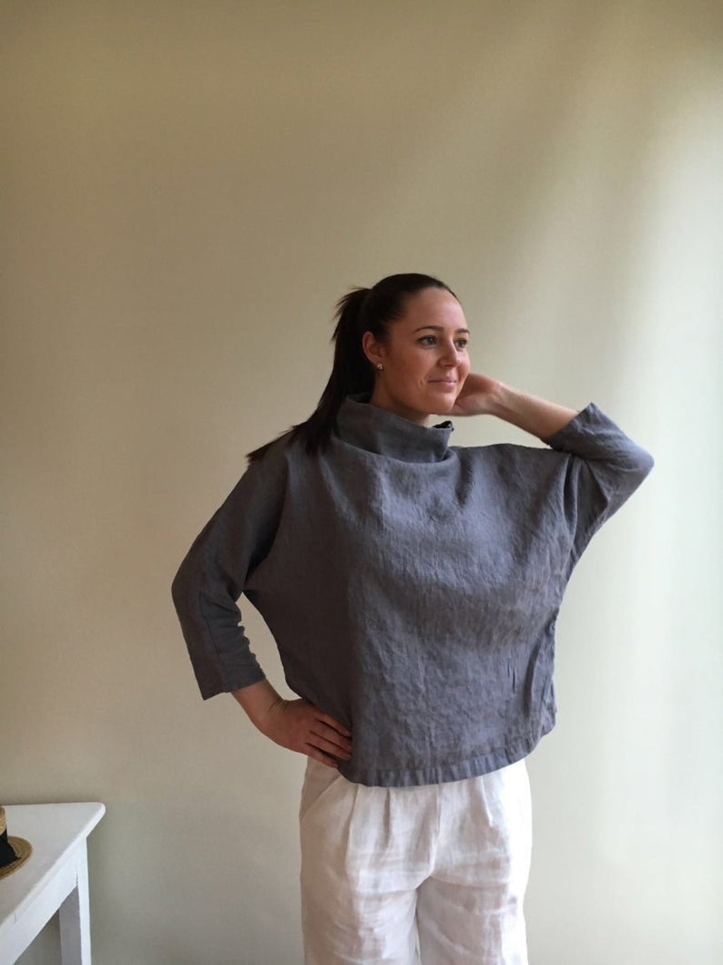Ready to Ship:Linen Top with raised neck, Size M, Loose Linen Tunic, Linen blouse, Plus size top, shirt with 3/4 sleeves, long sleeved shirt