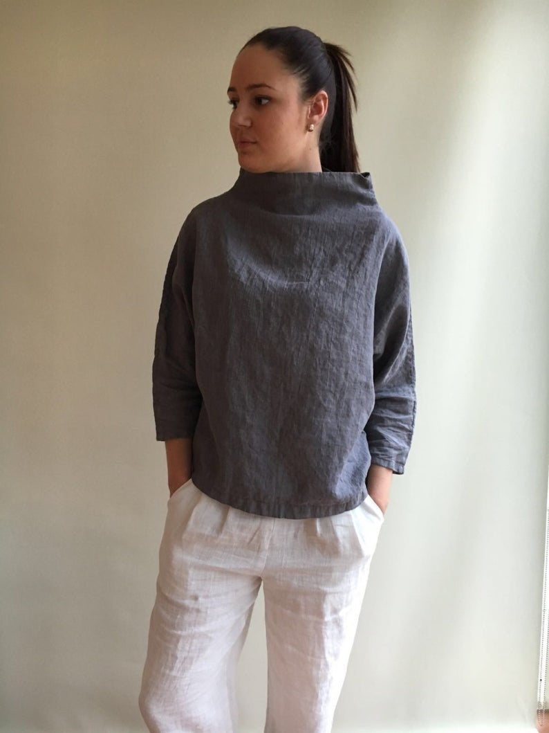 Ready to Ship:Linen Top with raised neck, Size M, Loose Linen Tunic, Linen blouse, Plus size top, shirt with 3/4 sleeves, long sleeved shirt