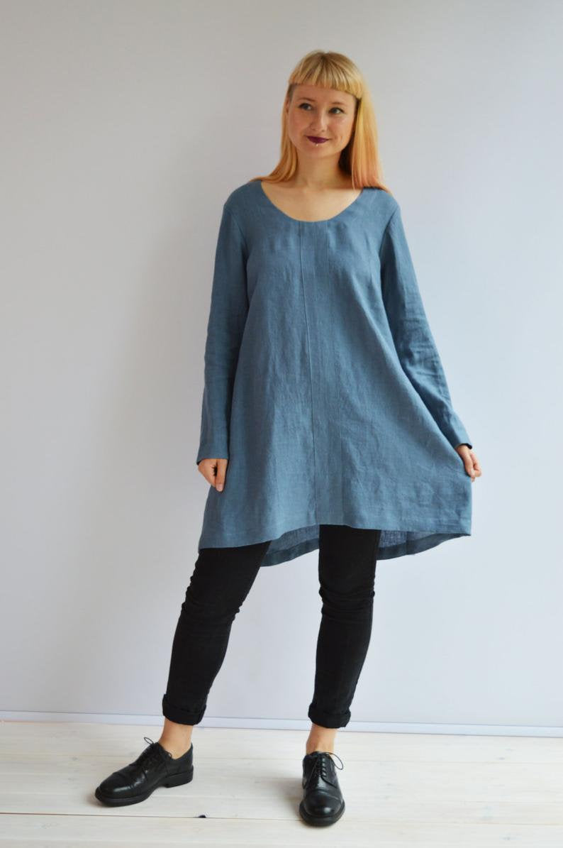 Ready to Ship:Blue Linen Tunic, Size XXL - Linenbee Ready to Ship:Blue Linen Tunic, Size XXL - Linenbee