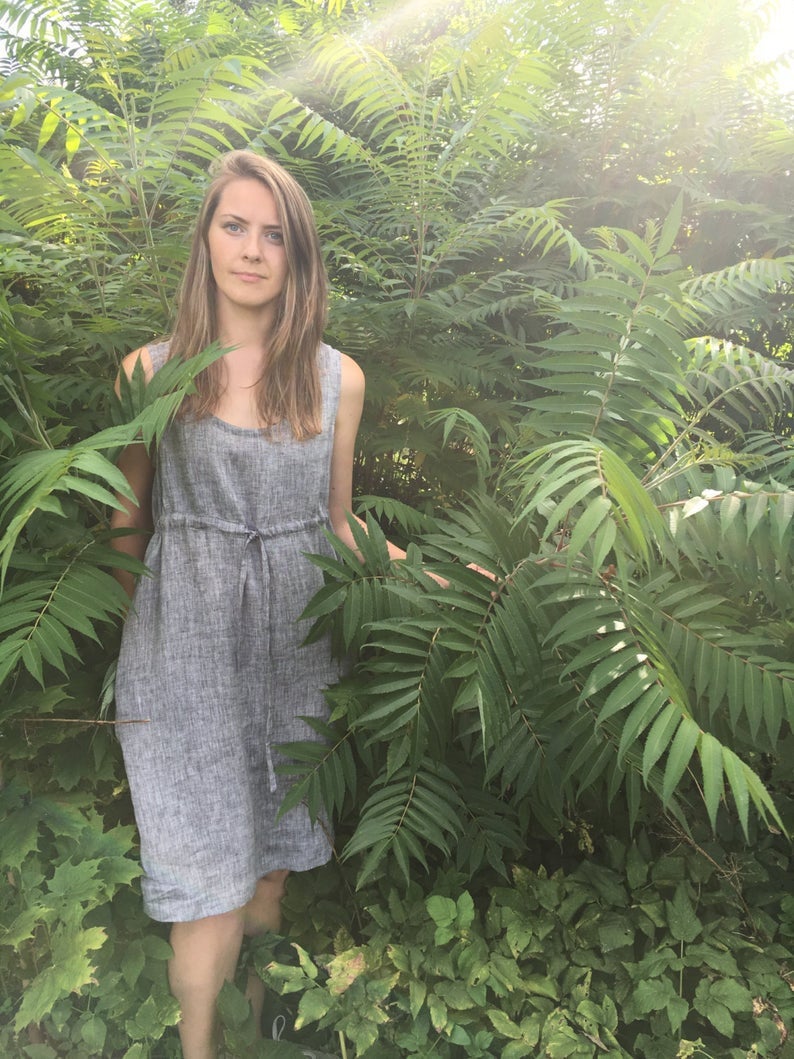 Ready to Ship:Sleeveless Pinafore Dress, Size M/L, Knee Length Pinafore, Linen Dress, Linen Pinafore Plus Size Sundress, Linen Dress Women