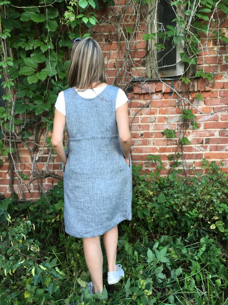 Ready to Ship:Sleeveless Pinafore Dress, Size M/L, Knee Length Pinafore, Linen Dress, Linen Pinafore Plus Size Sundress, Linen Dress Women