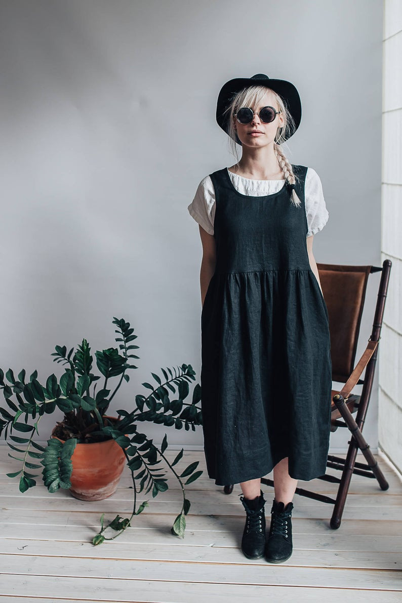 Ready to Ship: Linen Pinafore Dress, Size XXL - Linenbee Ready to Ship: Linen Pinafore Dress, Size XXL - Linenbee