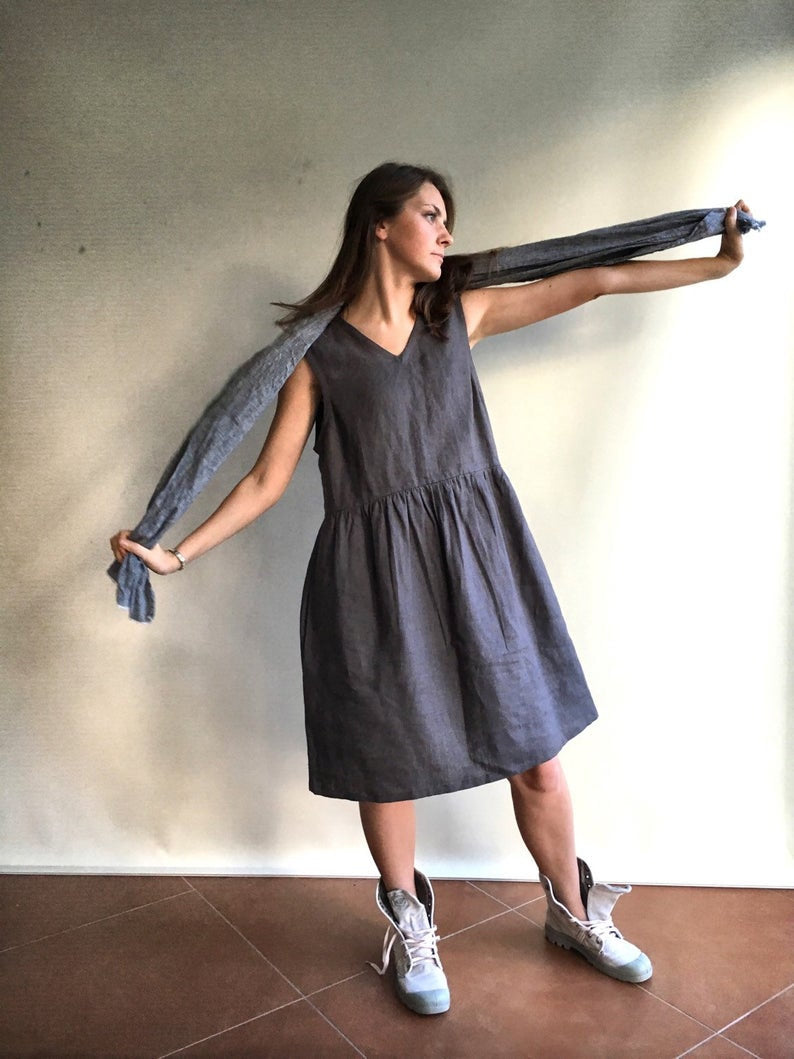 Ready to Ship: Grey Sleeveless Linen Dress, Size L, Linen pinafore dress, Loose dress, womens dress, linen dresses for woman, dress