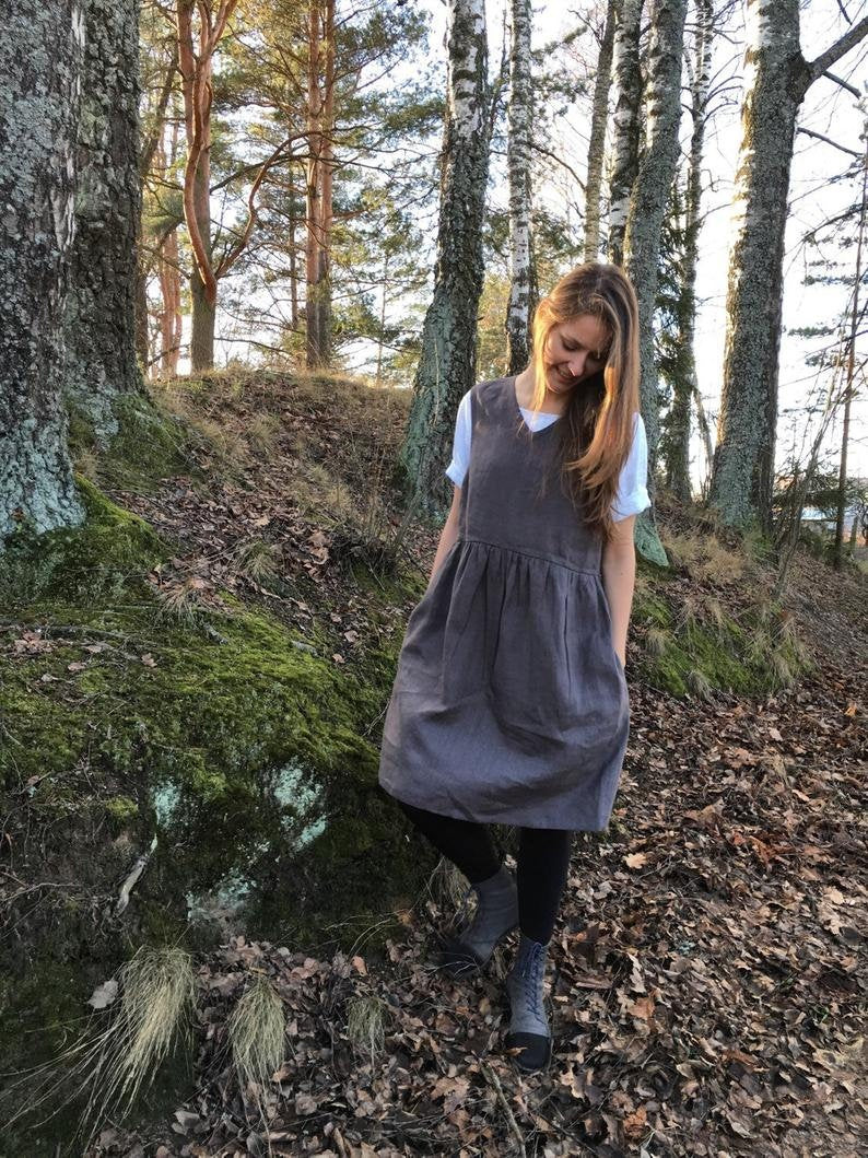 Ready to Ship: Grey Sleeveless Linen Dress, Size L, Linen pinafore dress, Loose dress, womens dress, linen dresses for woman, dress