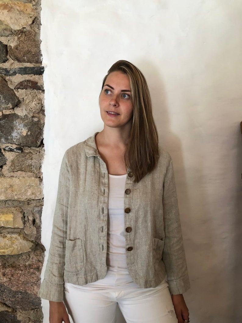 Ready to Ship:Women Linen Blazer &amp;#39;Georgia-Rustic&amp;#39;, Size M/L, Artist Linen cardigan, Linen Jacket Natural, Womens Linen Jacket Short, Womens