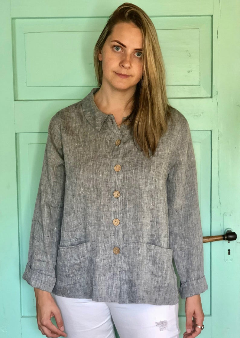 Ready to Ship:Linen Jacket Women &amp;#39;Kim&amp;#39; , Size L, Linen cardigan, Linen Coverup, Grey Linen Blazer, Womens Linen Jacket, Womens Jacket, Plus