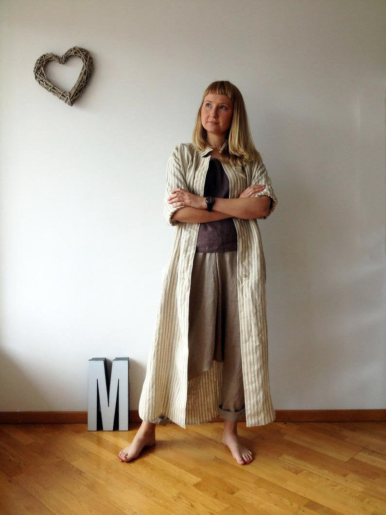Ready to Ship:Linen Maxi Shirt, Size L, Maxi Jacket Dress, Lightweight coat, Long Linen Shirt, Plus Size Linen Shirt Dress, Striped Shirt