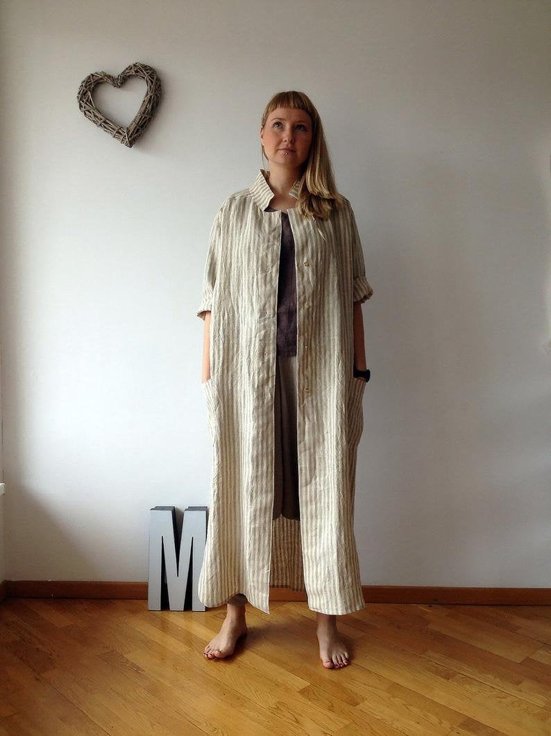 Ready to Ship:Linen Maxi Shirt, Size L, Maxi Jacket Dress, Lightweight coat, Long Linen Shirt, Plus Size Linen Shirt Dress, Striped Shirt