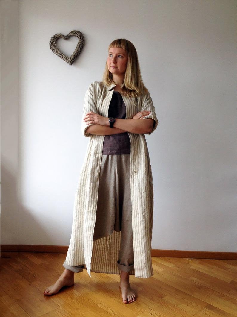 Ready to Ship:Linen Maxi Shirt, Size L, Maxi Jacket Dress, Lightweight coat, Long Linen Shirt, Plus Size Linen Shirt Dress, Striped Shirt
