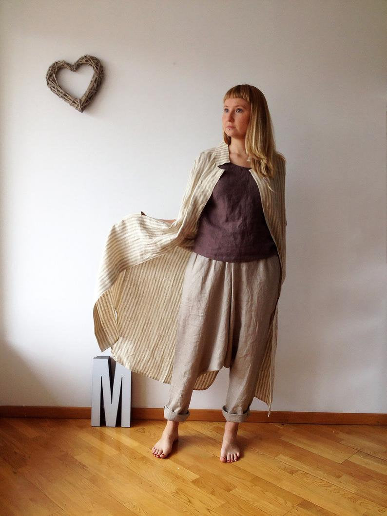 Ready to Ship:Linen Maxi Shirt, Size L, Maxi Jacket Dress, Lightweight coat, Long Linen Shirt, Plus Size Linen Shirt Dress, Striped Shirt