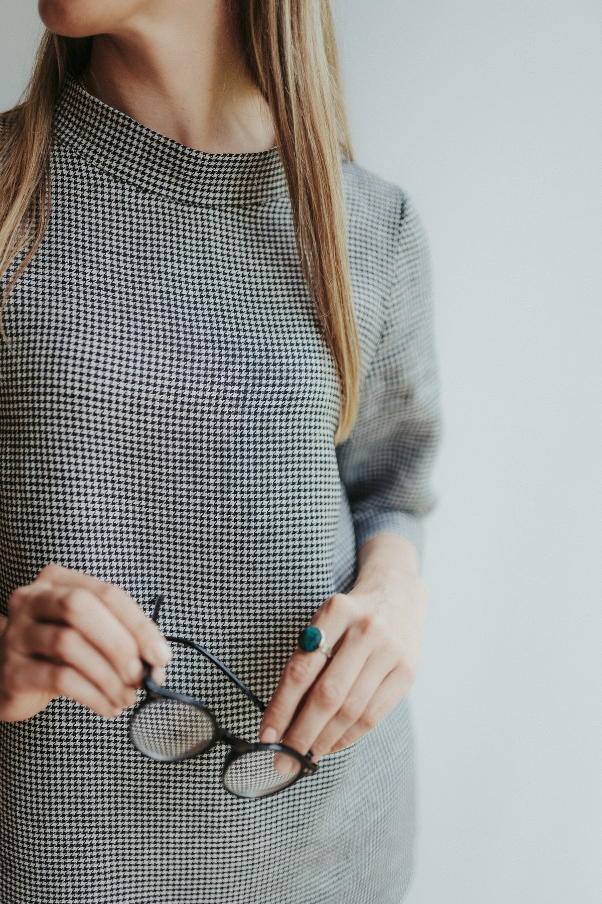 Houndstooth Top with Raised Mock Neck and 3/4 Sleeves &amp;#39;Caroline&amp;#39;
