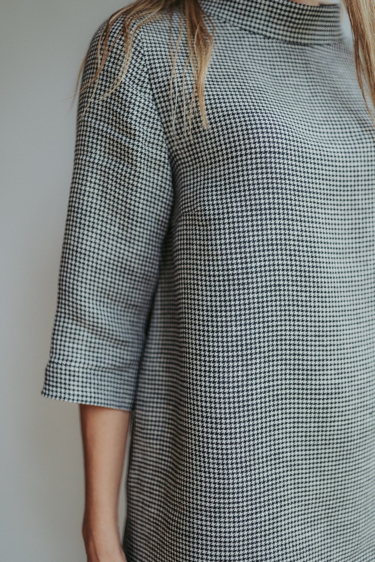 Houndstooth Top with Raised Mock Neck and 3/4 Sleeves &amp;#39;Caroline&amp;#39;