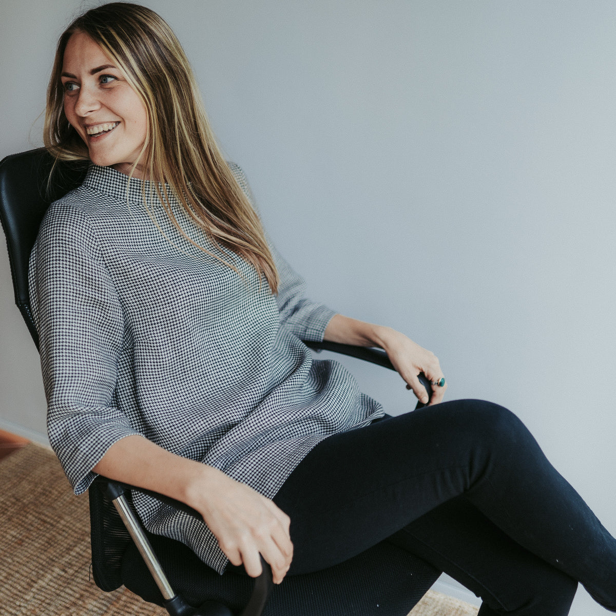 Houndstooth Top with Raised Mock Neck and 3/4 Sleeves &amp;#39;Caroline&amp;#39;