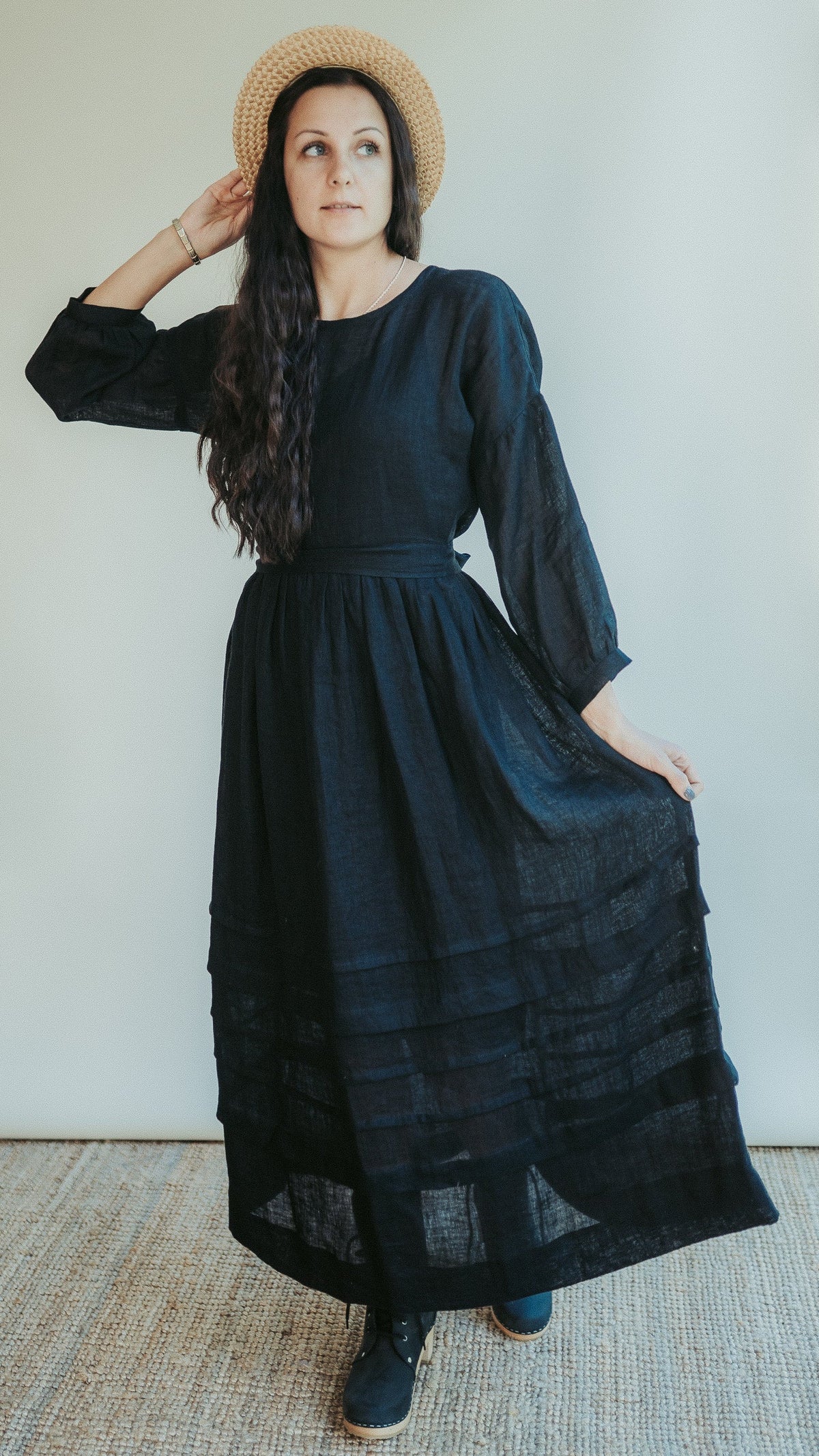 Gauze Linen Dress &amp;#39;Cecilia&amp;#39;, Boho Midi Dress, Long Womans Dress, Maxi Dress, Edwardian Dress, Black Dress, Gothic Dress, Black Maxi Dress