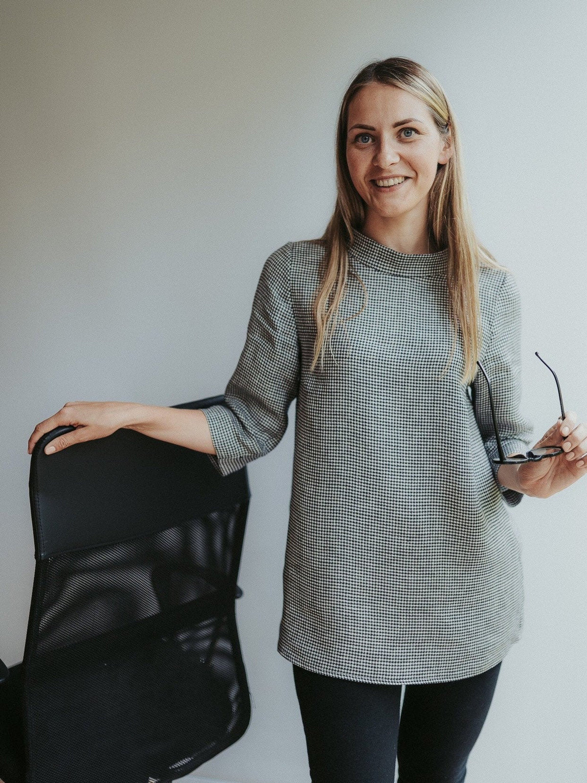 Houndstooth Top with Raised Mock Neck and 3/4 Sleeves &amp;#39;Caroline&amp;#39;