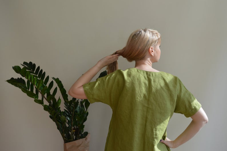 Ready to Ship:Linen Tunic Dress, Size 3XL/4XL ,Green Tunic, womens tunic, plus size tunic, linen tunics for women, linen dress with sleeves