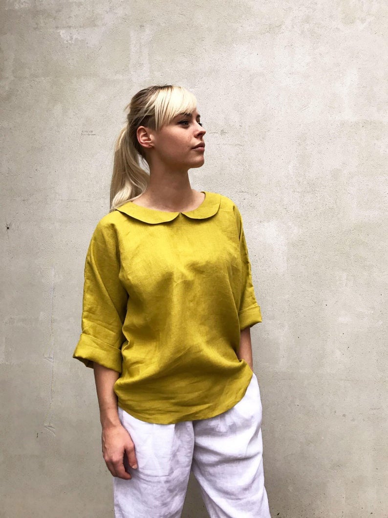Ready to Ship:Cute Linen Blouse with Peter Pan collar, Size XXL, Linen Shirt Women, Plus size shirt, Linen Blouse, Cute Top, Green Blouse