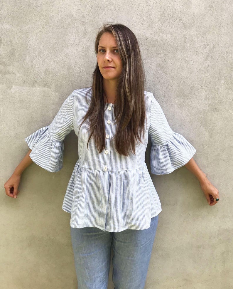 Ready to Ship:Linen Jacket with Ruffles, Size L, Fluted Sleeve Top, Linen Top with Ruffles, Buttoned Shirt, Striped Linen Top, Linen Jacket