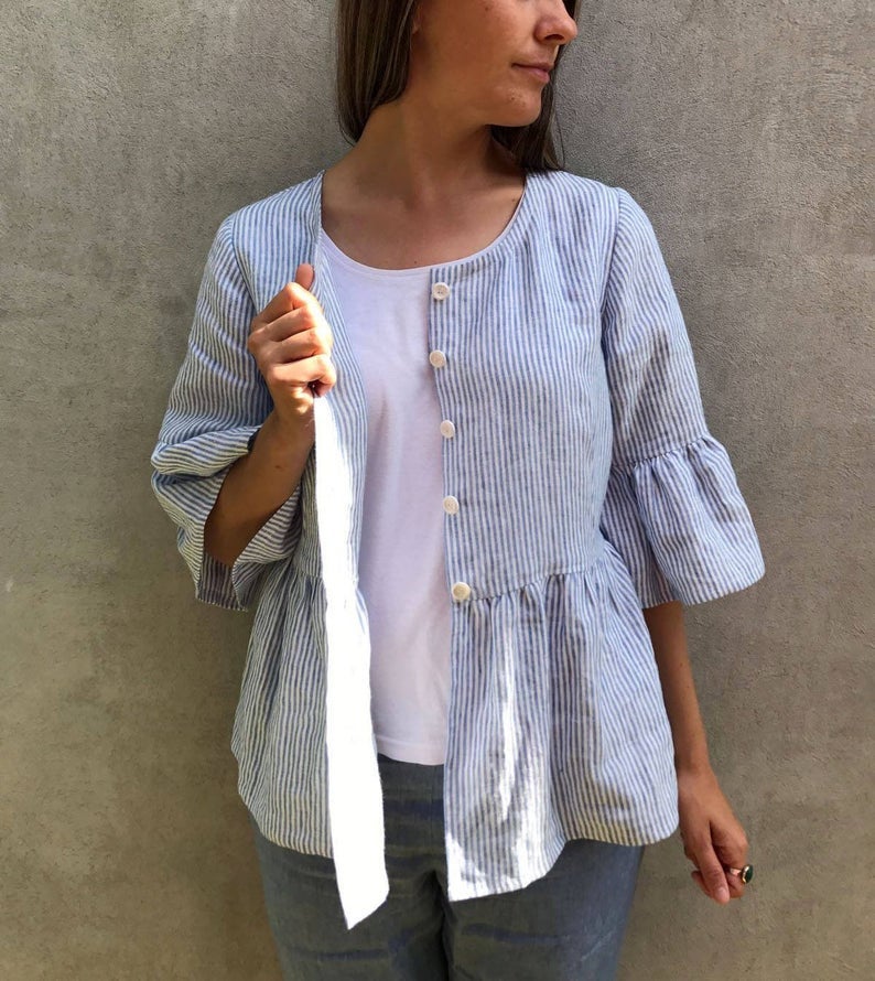 Ready to Ship:Linen Jacket with Ruffles, Size L, Fluted Sleeve Top, Linen Top with Ruffles, Buttoned Shirt, Striped Linen Top, Linen Jacket