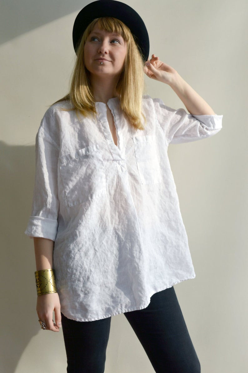 Ready to Ship: White Linen Shirt, Size XL/XXL, Womens Shirt, Tunic Shirt, 3/4 sleeve shirt, boyfriend shirt, plus size shirt, summer shirt