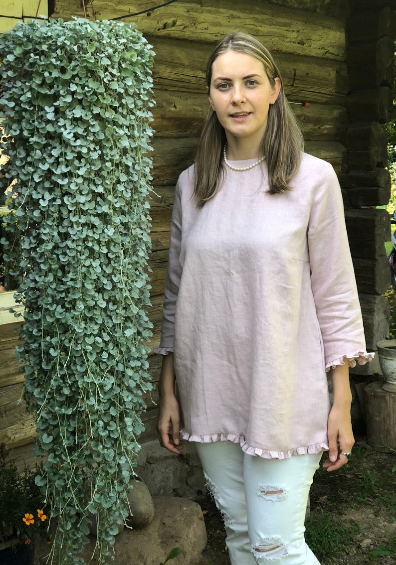 Ready to Ship: Linen Tunic with Ruffles &amp;#39;Shirley&amp;#39;,Size XL, elegant linen tunic top, linen tunic for women, linen blouse woman, formal linen