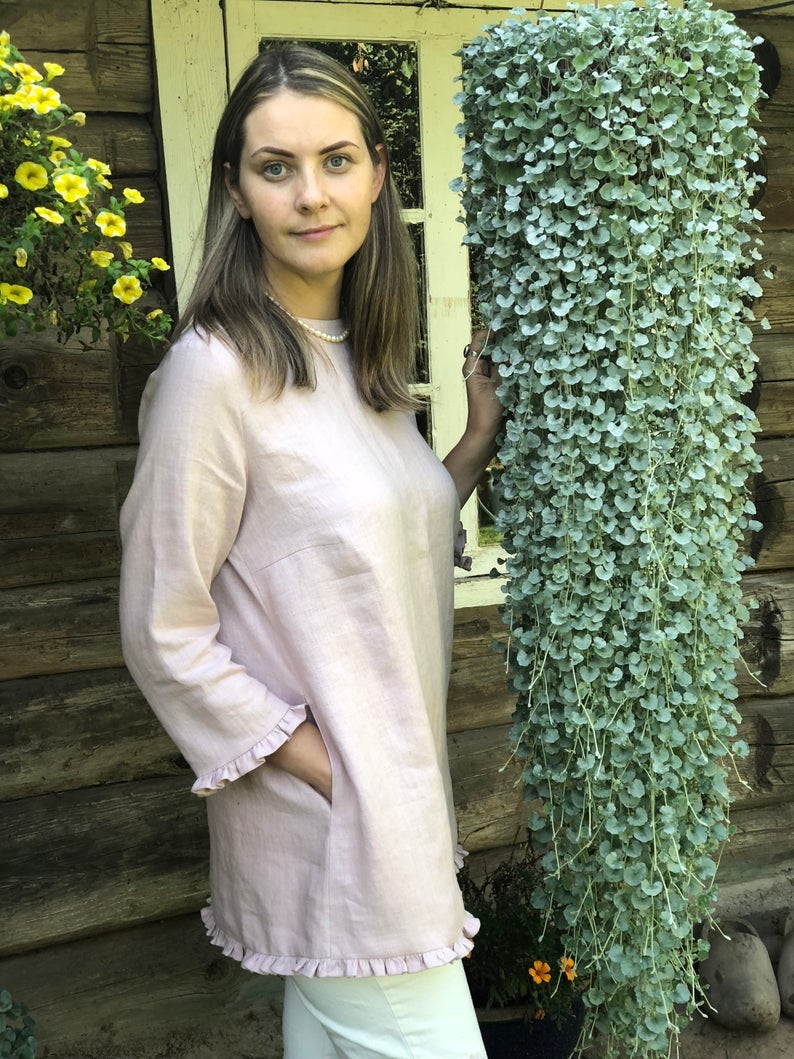 Ready to Ship: Linen Tunic with Ruffles &amp;#39;Shirley&amp;#39;,Size XL, elegant linen tunic top, linen tunic for women, linen blouse woman, formal linen