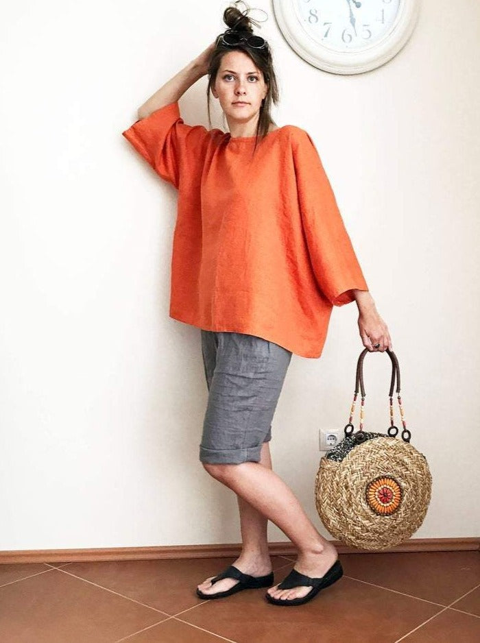 Ready to Ship:Oversized linen top, Size L-XXL, boxy top, Plus size linen shirt, Plus size top, Boho Top, Boxy Shirt, Oversized Black Top