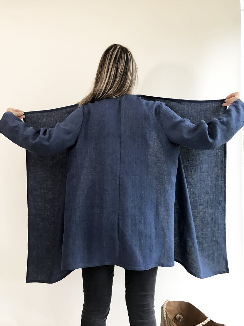 Ready to Ship:Loose Linen Cardigan, Size XL-XXL, Linen Kimono Jacket, Dark Blue cardigan, Linen Coverup, Linen Jacket Womens, Loose Jacket