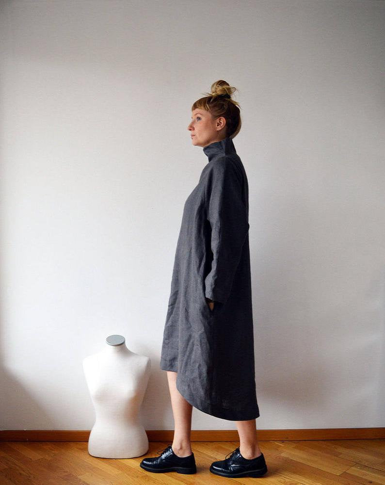 Ready to Ship: Grey Linen Dress, Size L, Loose Linen Dress women, Dark grey linen dress, Long sleeves, Grey Dress, Tunic with raised neck