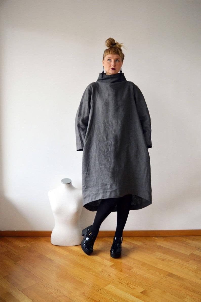 Ready to Ship: Grey Linen Dress, Size L, Loose Linen Dress women, Dark grey linen dress, Long sleeves, Grey Dress, Tunic with raised neck