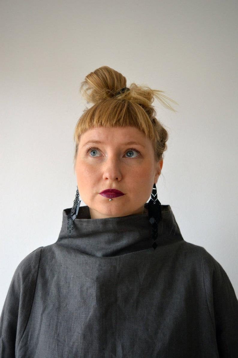 Ready to Ship: Grey Linen Dress, Size L, Loose Linen Dress women, Dark grey linen dress, Long sleeves, Grey Dress, Tunic with raised neck