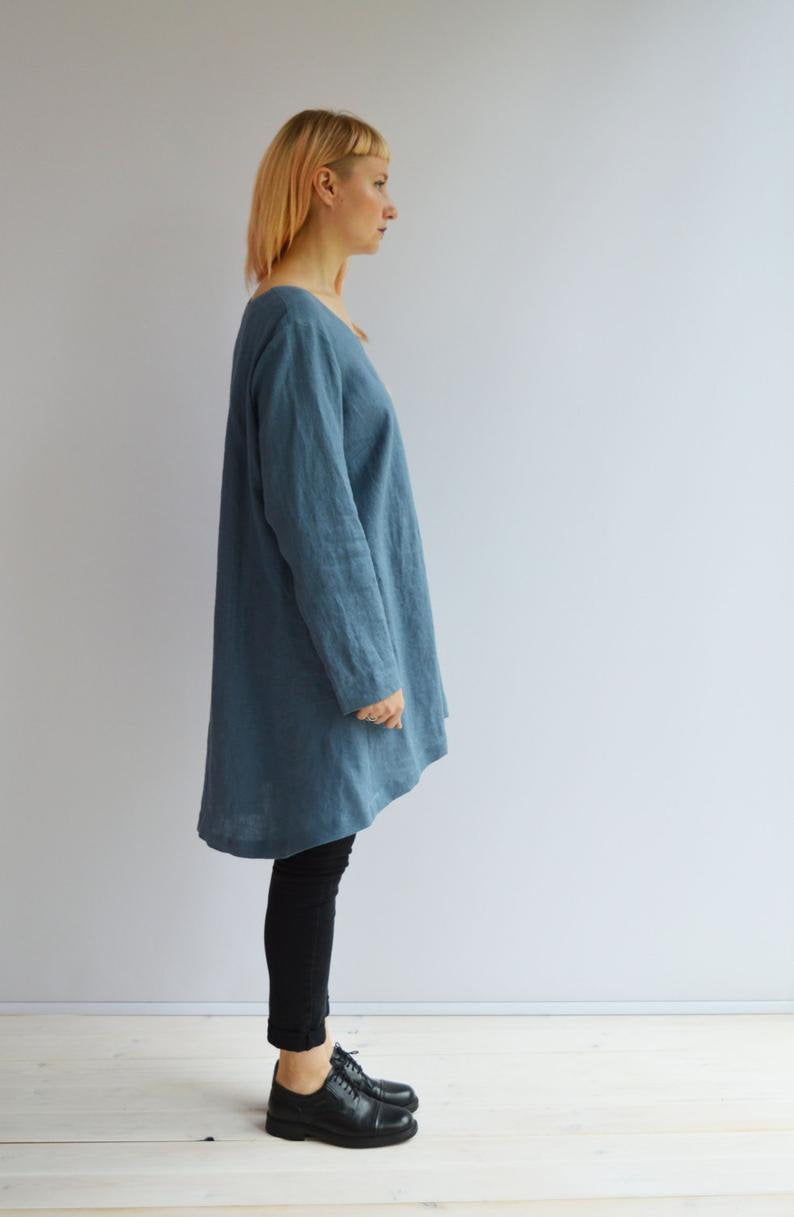 Ready to Ship: Blue Linen Tunic, Size XXL - Linenbee Ready to Ship: Blue Linen Tunic, Size XXL - Linenbee