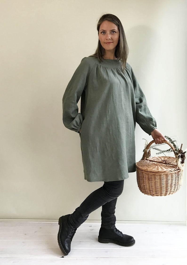 Ready to Ship: Loose Linen Tunic with Beautiful Shirring, Size L, Womens Tunic, Plus Size Clothing, Linen Tunic Dress, Womens Tunic