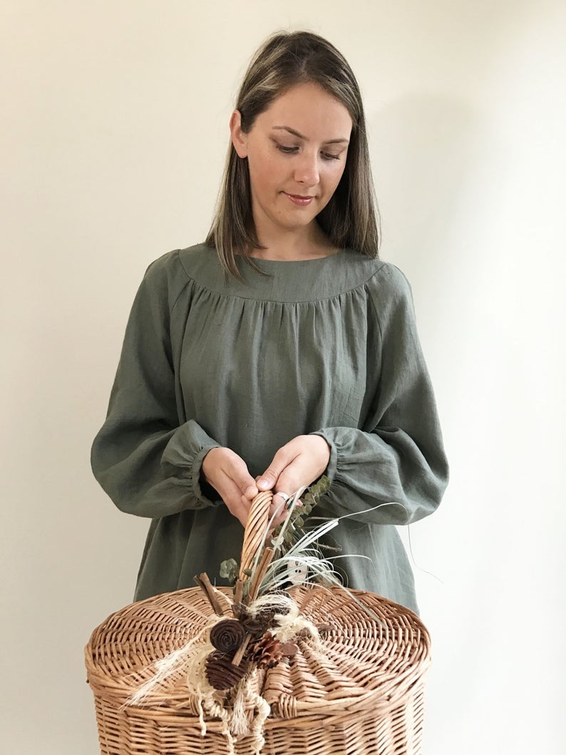 Ready to Ship: Loose Linen Tunic with Beautiful Shirring, Size L, Womens Tunic, Plus Size Clothing, Linen Tunic Dress, Womens Tunic