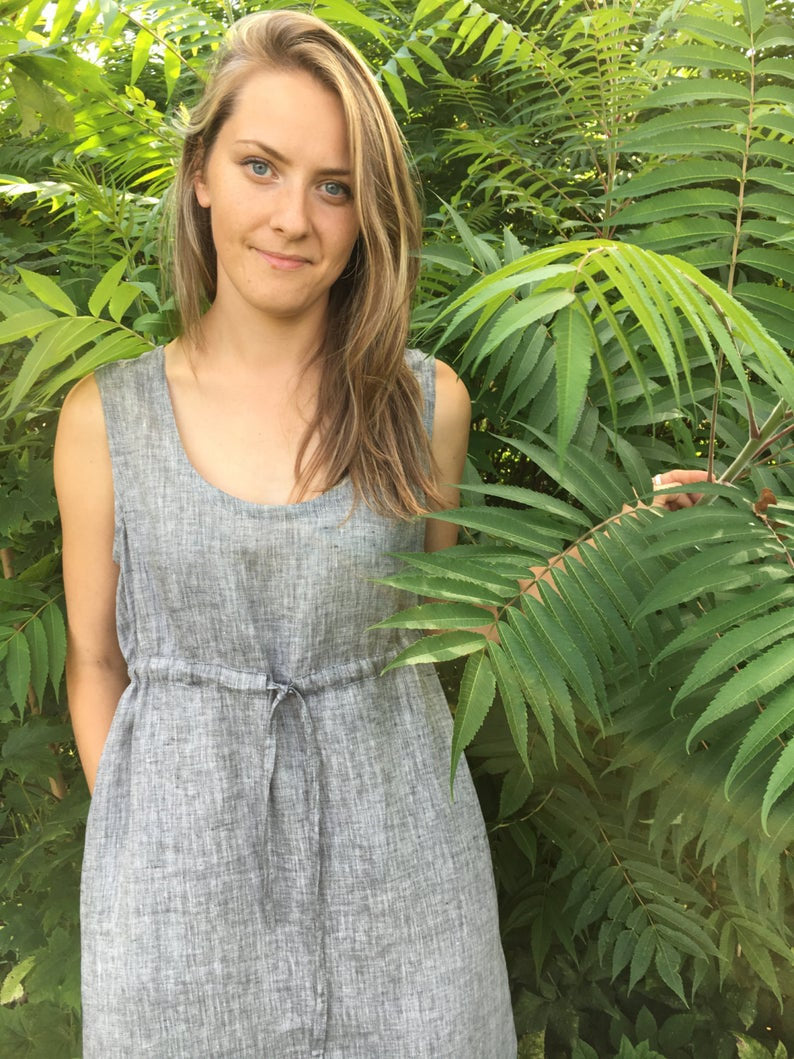 Ready to Ship:Sleeveless Pinafore Dress, Size M/L, Knee Length Pinafore, Linen Dress, Linen Pinafore Plus Size Sundress, Linen Dress Women