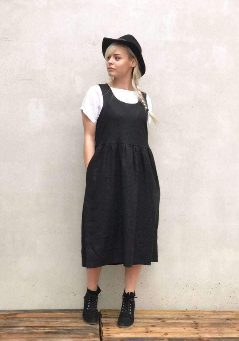 Ready to Ship: Linen Pinafore Dress, Size XXL, Black Linen Sundress, Sleeveless Dress, Plus Size Sundress, Linen Dress Women Jumper dress