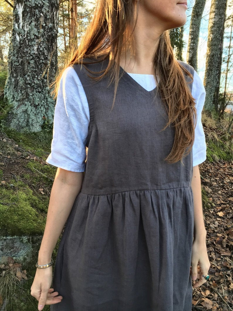 Ready to Ship: Grey Sleeveless Linen Dress, Size L, Linen pinafore dress, Loose dress, womens dress, linen dresses for woman, dress