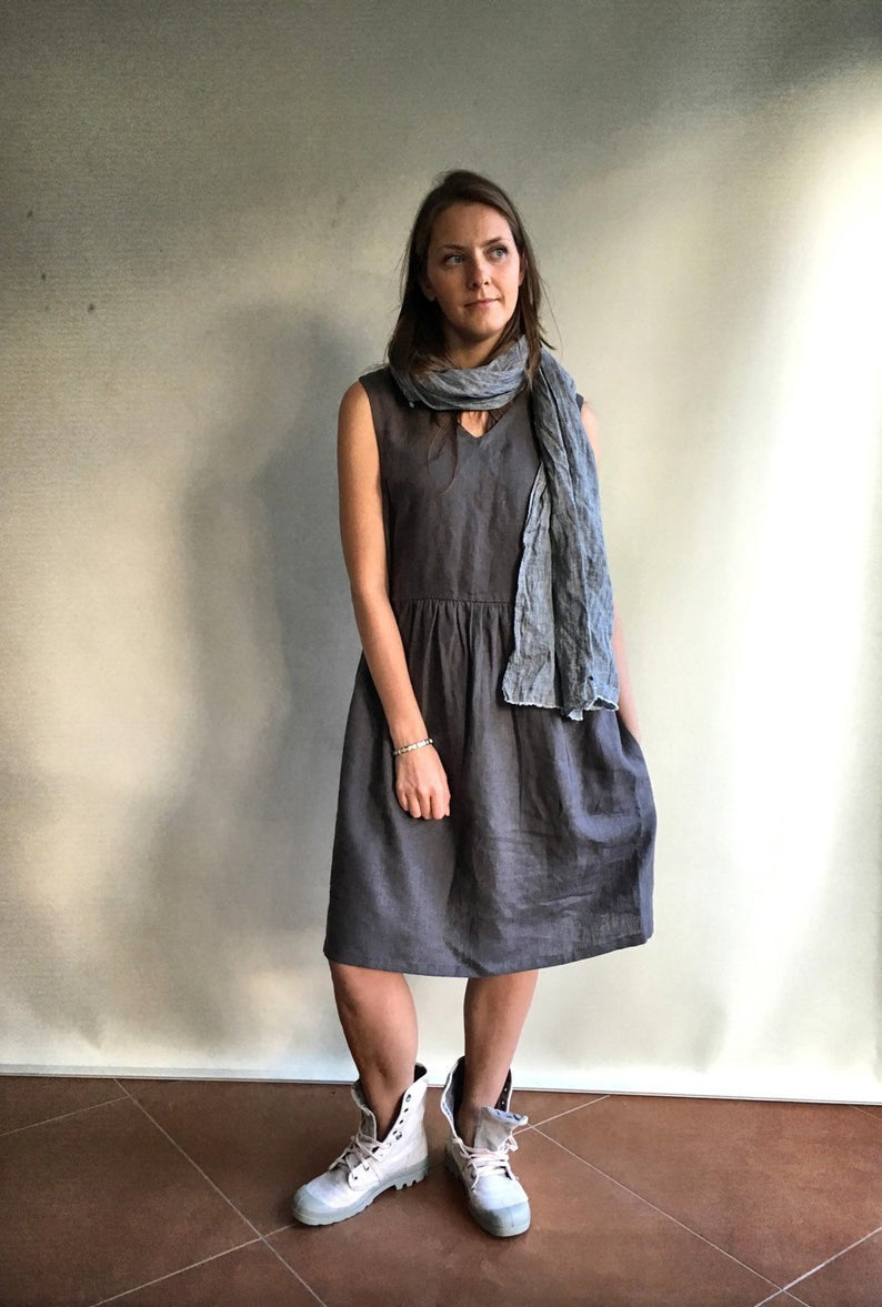 Ready to Ship: Grey Sleeveless Linen Dress, Size L, Linen pinafore dress, Loose dress, womens dress, linen dresses for woman, dress pockets,