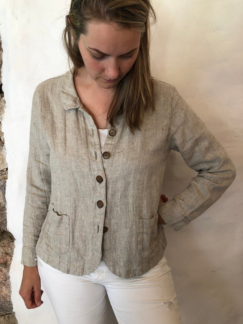 Ready to Ship:Women Linen Blazer &amp;#39;Georgia-Rustic&amp;#39;, Size M/L, Artist Linen cardigan, Linen Jacket Natural, Womens Linen Jacket Short, Womens