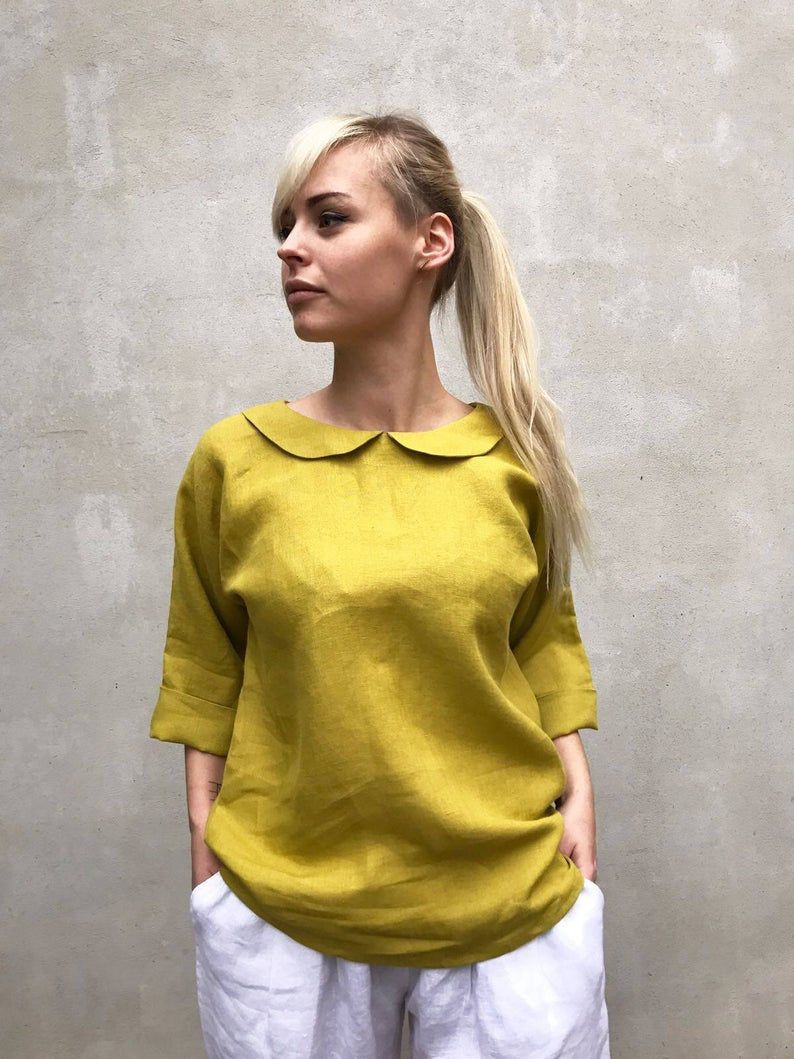 Ready to Ship:Cute Linen Blouse with Peter Pan collar, Size M, Linen Shirt Women, Linen T Shirt, Linen Tee, Plus size shirt, Linen Blouse