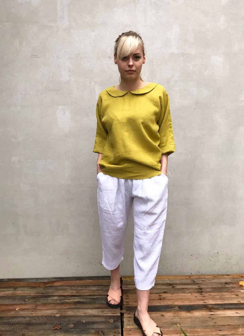 Ready to Ship:Cute Linen Blouse with Peter Pan collar, Size M, Linen Shirt Women, Linen T Shirt, Linen Tee, Plus size shirt, Linen Blouse