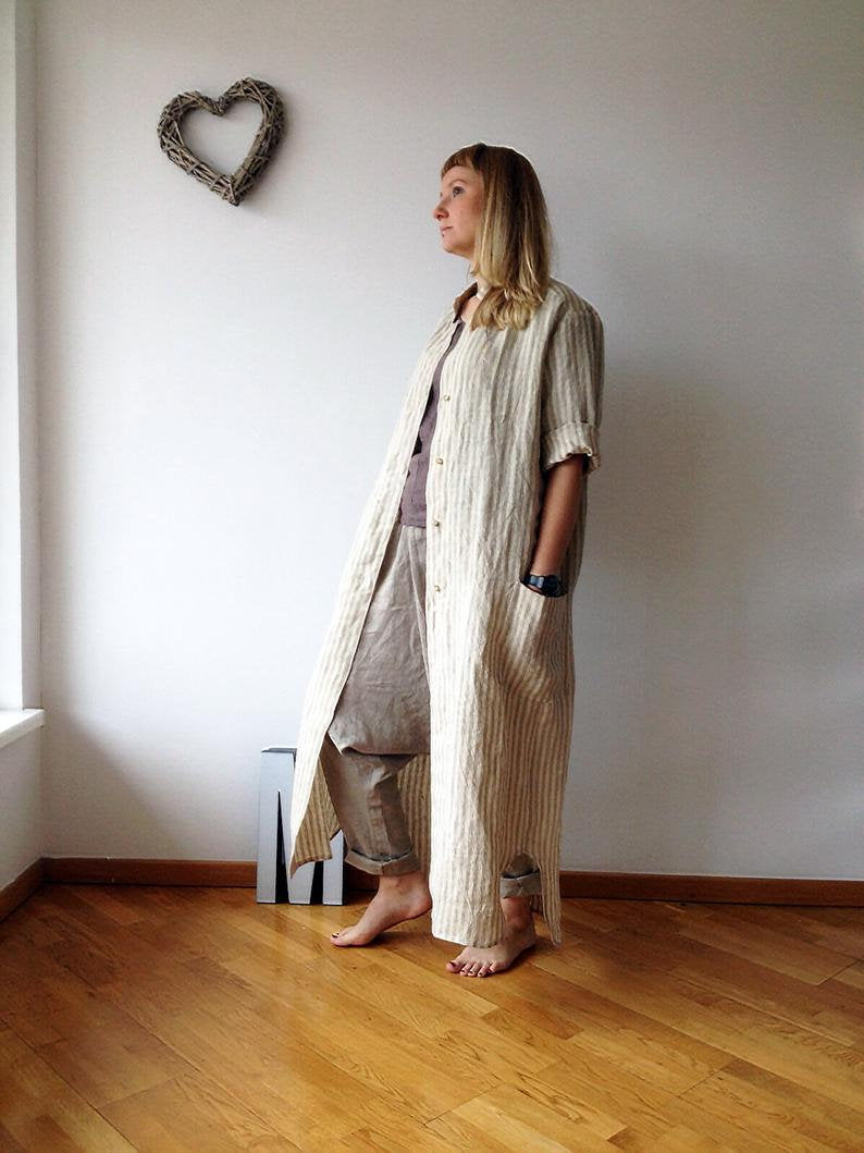 Ready to Ship:Linen Maxi Shirt, Size L, Maxi Jacket Dress, Lightweight coat, Long Linen Shirt, Plus Size Linen Shirt Dress, Striped Shirt