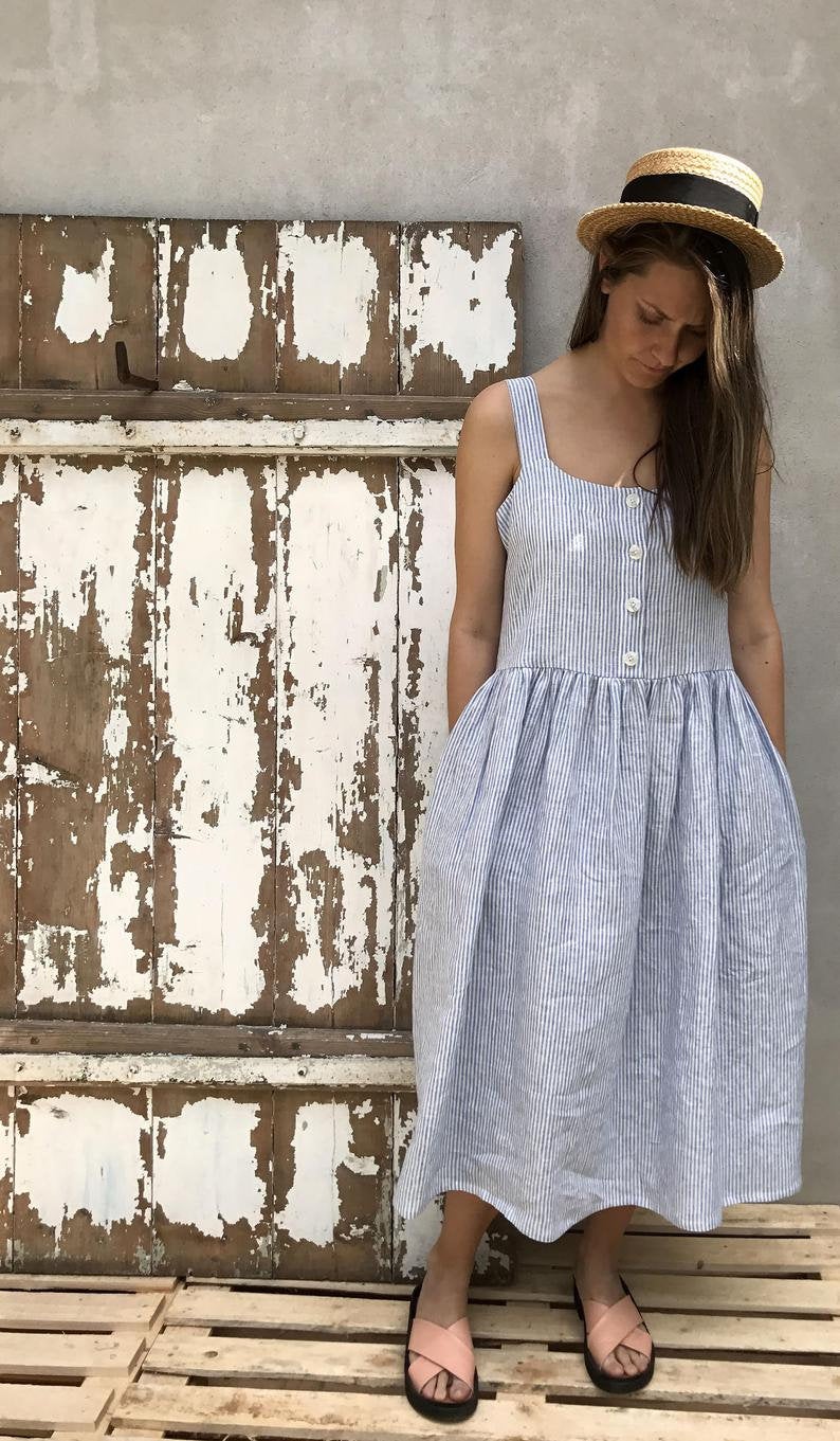 Ready to Ship:Button Up Maxi Dress, Size M, Sleeveless Linen Dress Striped Pinafore Dress Jumper Maxi Dress Plus Size Sundress Linen Dress